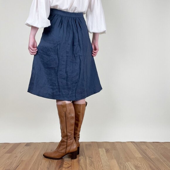 Handmade 100% Linen Midi Skirt Pleated Button Up High Rise Vintage Retro Rustic - Picture 3 of 7